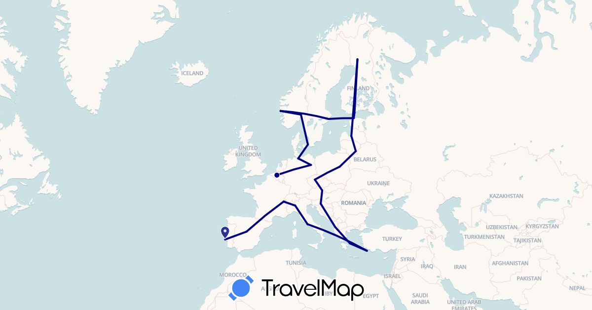 TravelMap itinerary: driving in Albania, Austria, Belgium, Switzerland, Czech Republic, Germany, Denmark, Estonia, Spain, Finland, Greece, Croatia, Italy, Lithuania, Latvia, Norway, Poland, Portugal, Sweden (Europe)